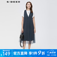 S.DEER圣迪奧女裝優(yōu)雅V領網紗拼接A字無袖連衣裙S222Z12W5 炭黑藍/94 S 160