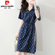 皮爾卡丹潮流時(shí)尚polo領(lǐng)拉鏈松緊腰裙子收腰顯瘦運動(dòng)風(fēng)印花寬松連衣裙女夏 藍色 S 【建議80-95斤】