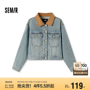 森馬（Semir）森柔牛仔|牛仔外套女短款翻領(lǐng)做舊秋夾克小個(gè)子街頭103524108001