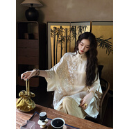 三吉黑花【蓮生】新中式國(guó)風(fēng)上衣珠管繡中袖T恤女2025新款大袍子 米白 L