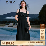 ONLY春夏一字肩高腰中長(zhǎng)款收腰吊帶連衣裙女|123207027 H1Z 黑色BLACK S 160/80A