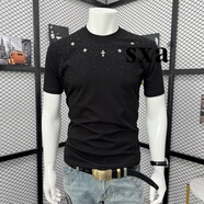SXA香港潮牌絲光棉T恤男裝春夏季新款潮流滿天星修身圓領(lǐng)打底體恤 黑色 2XL