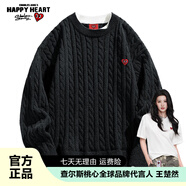 查爾斯桃心冬季加厚保暖慵懶風(fēng)學(xué)生美式休閑提花假兩件針織加絨毛衣男女同款 黑色 M