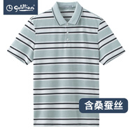 金利來（Goldlion）男裝酷派絲含桑蠶絲條紋短袖t恤男士款夏季透氣商務(wù)休閑體恤衫Z 淺綠-14 L