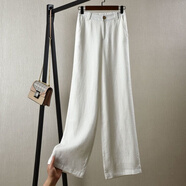 皮爾卡丹亞麻褲子女夏季薄款寬松休閑窄版直筒褲2025年新款高腰棉麻闊腿褲 白色 L 建議100-110斤