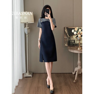 歌芭杉（GEBASHAN）品牌女裝顯瘦減齡拼接氣質(zhì)優(yōu)雅連衣裙今年流行爆款假兩件開叉裙子 藏青色 L