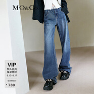 MO&Co.春秋設(shè)計感拼接高腰牛仔褲復(fù)古美式直筒闊腿褲摩安珂 牛仔藍(lán)色-第2批 建議確認(rèn)尺碼哦 L 28
