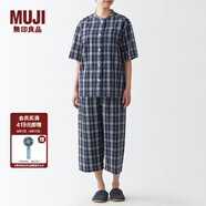 無印良品（MUJI）女式 無側(cè)縫泡泡紗短袖睡衣女士家居服套裝夏季純棉全棉 FDB04C2S 藏青色×圖案 M