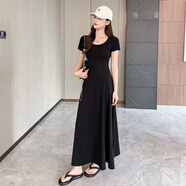 韓都衣舍連衣長裙高檔氣質(zhì)女裝2025新款2025新款法式氣質(zhì)短袖連衣裙女夏季 黑色商場品質(zhì) 155/80AS建議82-94斤 均碼