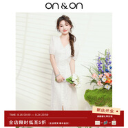 ON & ON/安乃安連衣裙2025新款春100%棉韓系V領(lǐng)立體繡花系帶收腰仙女裙女 白色 S