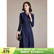 MORELINE沐蘭輕奢設計感蕾絲拼接連衣裙2025年春新款高級感V領A字裙中長款 藏藍 L