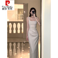 皮爾卡丹（pierre cardin）露肩性感收腰氣質(zhì)褶皺連衣裙子女裝夏季法式小禮服長(zhǎng)裙連身裙衣服 灰杏色 吊帶版長(zhǎng)裙 XS