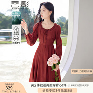 香影（xiangying）酒紅色連衣裙女2025秋季新款法式復古抽褶高腰花邊圓領長袖裙 紅色 M
