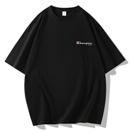 冠軍（CHAMPION）官方艦旗白色夏季潮牌純棉短袖T恤男女寬松情侶上衣半袖體恤 220克重磅 短標黑色 3XL  170-185斤