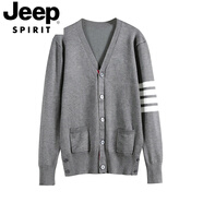JEEP SPIRIT秋冬季針織開衫毛衣薄外套加大碼寬松條紋修身休閑男女情侶裝潮 灰色 白色條紋 M 1碼（建議90-110斤）