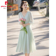 皮爾卡丹（pierre cardin）雪紡V領(lǐng)七分袖連衣裙女2025春夏氣質(zhì)名媛海邊度假寬松顯瘦中長(zhǎng)裙 薄荷綠連衣裙裙長(zhǎng)110 S 【建議90-100斤】