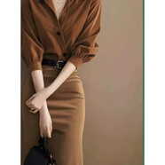 葉紫楓（YEZIFENG）時尚套裝長袖連衣裙女春秋新款小香風(fēng)長袖咖色襯衫半身裙兩件套裝 單裙子 M