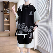 花花公子（PLAYBOY）青少年2025新款夏季寬松男生短袖T恤初高中學(xué)生潮流休閑運動套裝 XJS-TZ507黑色(上衣+短褲) 3XL 145至160斤