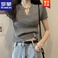 羅蒙短袖t恤女2024夏季新款針織半袖設(shè)計(jì)感小眾打底衫v領(lǐng)修身上衣短款 灰色 S