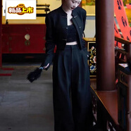 皮爾卡丹（pierre cardin）新中式國風(fēng)套裝女2025春秋新款改良小香風(fēng)上衣+高腰闊腿褲兩件套 黑色套裝 2XL 130-145斤