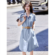 蘇醒的樂(lè )園法式氣質(zhì)通勤顯瘦設計感無(wú)袖小眾中長(cháng)款工裝配腰帶拼接連衣裙女 藍色 S