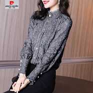 皮爾卡丹（pierre cardin）春秋宮廷風(fēng)高端蕾絲刺繡復古立領(lǐng)燈籠袖襯衫感灰色長(cháng)袖上衣女 灰色 M 建議90-105斤