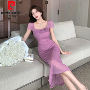 皮爾卡丹（pierre cardin）法式名媛甜美氣質(zhì)花朵褶皺方領(lǐng)短袖連衣裙洋氣少女高級(jí)小禮服長(zhǎng)裙 紫色原版 L