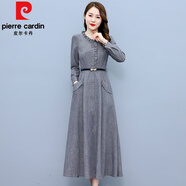 皮爾卡丹（pierre cardin）高端精致棉麻長袖連衣裙女2025新款春秋裙子?jì)寢寱r(shí)尚氣質(zhì)亞麻長裙 灰色 L
