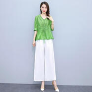 BJORN MOAN休閑天絲套裝女2025年新款時(shí)尚蕾絲夏裝顯瘦墜感闊腿褲棉麻兩件套 蘋(píng)果綠套裝 M 建議【85-105斤】