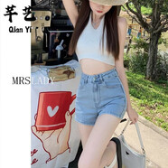 新中式高街牛仔短褲女夏季外穿彈力超短褲薄款小個(gè)子舞蹈包臀熱褲 淺藍色-新中式高街 【芊藝高品質(zhì)】 XS  建議75-85斤