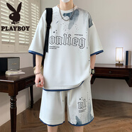 花花公子（PLAYBOY）休閑運(yùn)動(dòng)套裝男生夏季2025新款高中初中生青少年大童冰絲短袖t恤 8004白綠色(短袖+短褲) 品質(zhì)保證 L 90-110斤左右