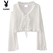 花花公子（PLAYBOY）溫柔風木耳邊薄款針織開衫女夏季新款寬松外搭系帶防曬衣開衫外套 I2-茵甜木耳邊開衫、白色 均碼