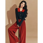 新年戰(zhàn)袍2025春季新款女裝小香風(fēng)名媛亮片開(kāi)衫紅色毛衣闊腿褲套裝 黑色毛衣+紅色褲子_【兩件套】 2XL _【建議140-160斤】