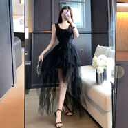 實(shí)拍法式不規則拖尾網(wǎng)紗吊帶連衣裙女修身顯瘦重工燕尾禮服長(cháng)裙子 黑色 M 【建議95-105斤】