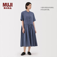 無印良品（MUJI）女式 漢麻 棉 短袖連衣裙 女裝裙子25年夏季寬松透氣長裙BC2MJC5S 煙熏藍色 XL （165/92A）