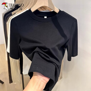 啄木鳥(niǎo)中袖t恤女五分袖夏季新款內搭修身針織半袖打底衫上衣 黑色  M