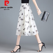 皮爾卡丹（pierre cardin）水墨畫半身裙雪紡a字短裙女2025新款印花白色半裙歐根紗蓬蓬裙夏 花色 M 腰圍2尺
