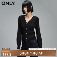ONLY夏季簡約燈籠袖V領(lǐng)短款開衫毛衣針織衫女|12413B009 H1Z 黑色 XS (155) 76A