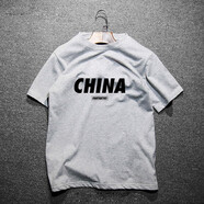 陌汀潮牌短袖T恤男國潮CHINA純棉圓領(lǐng)寬松潮流白色純棉體恤男裝上衣服 灰T 0014 L