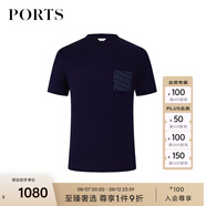 PORTS寶姿男裝早秋抗皺皮馬棉雙P LOGO印花貼袋短袖T恤衫 藏青色 S