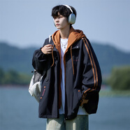 普戈斯（PUGESI）棒球服男外套春秋季胖子加大碼新款潮流寬松百搭拼色圓領(lǐng)夾克 J867黑色 常規(guī) 連帽款 L