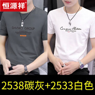 恒源祥圓領短袖T恤男2025夏季新款男裝純棉半袖打底衫上衣服體恤 2538碳灰+2533白色 L【建議115-125斤】