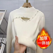 歌萊兔加厚毛衣女冬季一體絨女加絨新款鏤空設(shè)計(jì)感小眾半高領(lǐng)打底女 釘珠杏 色 +【加絨 】 加厚 S 95斤以下