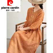 皮爾卡丹（pierre cardin）高端輕奢刺繡苧麻v領(lǐng)連衣裙女2025夏季新款氣質(zhì)收腰顯瘦亞麻長裙桔紅色歐美裙子/感/高端精致/超M （建議90-115斤）