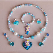 韓國女童兒童寶寶女孩首飾唯美公主珍珠項鏈手鏈套裝生日節日禮物 美人魚(yú)-藍（5件套）桃心禮盒裝