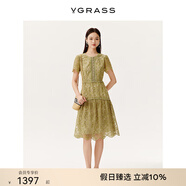 VGRASS女裝連衣裙2025年夏季新款蕾絲刺繡圓領(lǐng)短袖收腰顯瘦高級感連身裙 檀綠色 S