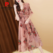 皮爾卡丹歐洲站春夏氣質(zhì)印花雪紡連衣裙女流行裙v領(lǐng)蕾絲邊收腰長(cháng)裙女 圖色 收藏下單優(yōu)先發(fā)貨 S 建議95斤以下