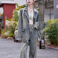 BJORN MOAN網(wǎng)紅流行牛仔闊腿褲套裝女2025秋裝新款時尚休閑歐美范西裝兩件套 牛仔褲套裝 S