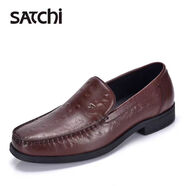 沙馳（SATCHI）男鞋新款鴕鳥(niǎo)紋真皮一腳蹬商務(wù)休閑皮鞋時(shí)尚舒適百搭樂(lè )福鞋男 棕色 42