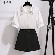 范哲莎法式高腰闊腿兩件套女夏季新款甜美氣質(zhì)顯瘦遮肉休閑雪紡襯衣 經(jīng)典白色上衣+黑色高腰短褲 S 建議【90-105斤】